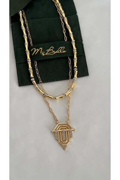 Brillo Gold Zirkon Taşlı Dorika Boncuk Ve Şövalye Ikili Meyra Kolye . Leyla Serenay Kolye
