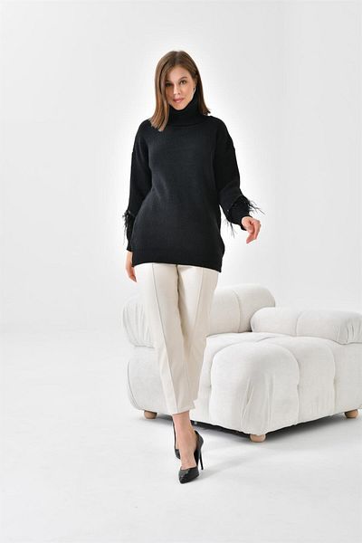 FTZ WOMEN Women's Feather Detailed Sweater Black 20409