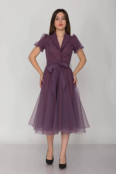 DORİDORCA 2136 Ceket Yaka Balon Kol Organze Midiboy Kuşaklı Elbise