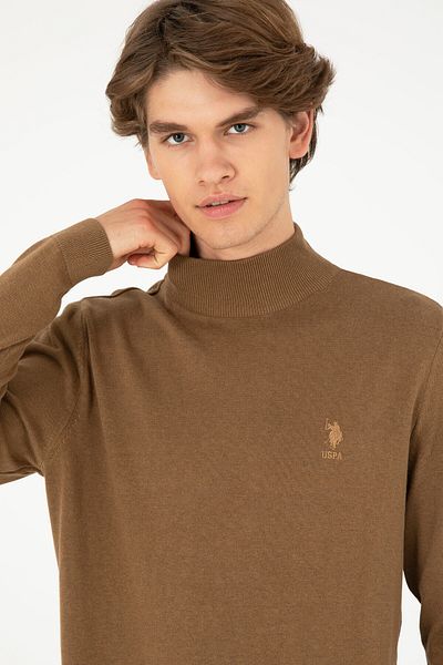 U.S. Polo Assn. Men's Slim Fit Half Throat Khaki Melange Basic Sweater 50288887 -Vr125