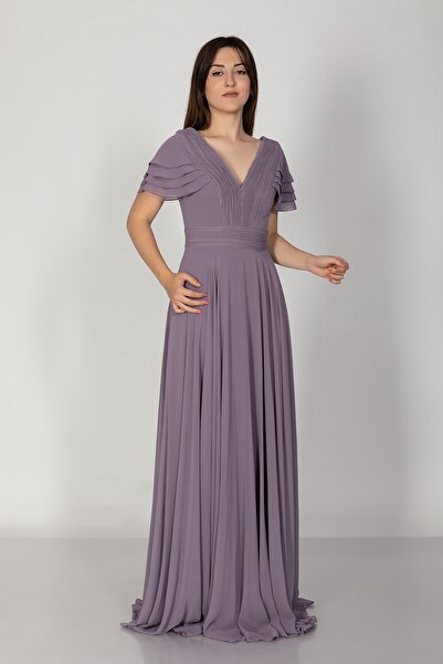 DORİDORCA 3022 Yaka Bel Ince Drape Mendil Kol Şifon Uzun Abiye