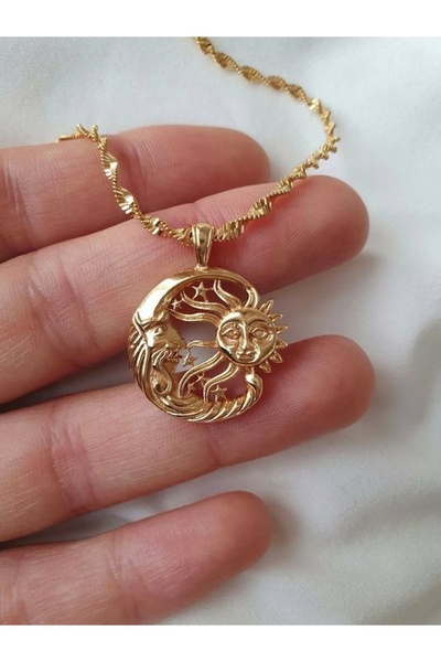 LAİKA Güneş Ay Yıldız Çelik Kolye Singapur Zincir 45 Cm Çelik Kolye