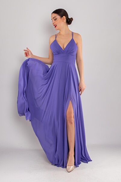 DORİDORCA 5046 Arkası Çapraz İpli Şifon Kloş Uzun Elbise