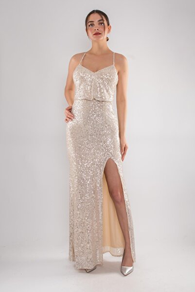 DORİDORCA 1078 Arkası Çapraz İpli Yırtmaçlı Pulpayet Uzun Elbise