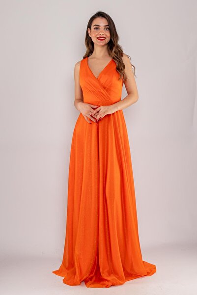 Miram 4182 Kruvaze Yaka Tül Kalın Askılı Simli Uzun Elbise