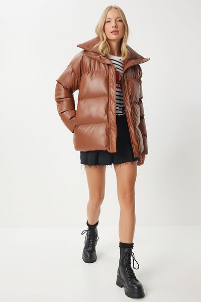 Happiness İstanbul Women's Tan Stand Collar Faux Leather Puffer Jacket Pys0029