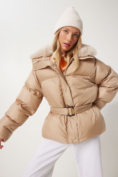 Happiness İstanbul Women's Beige Fur Collar Puffer Jacket Aw00011