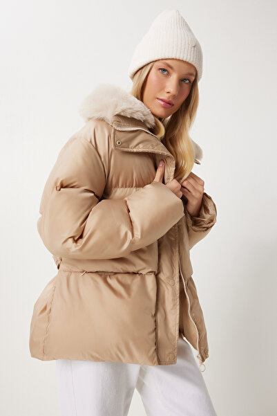 Happiness İstanbul Dámská béžová kožešinová bunda Aw00011