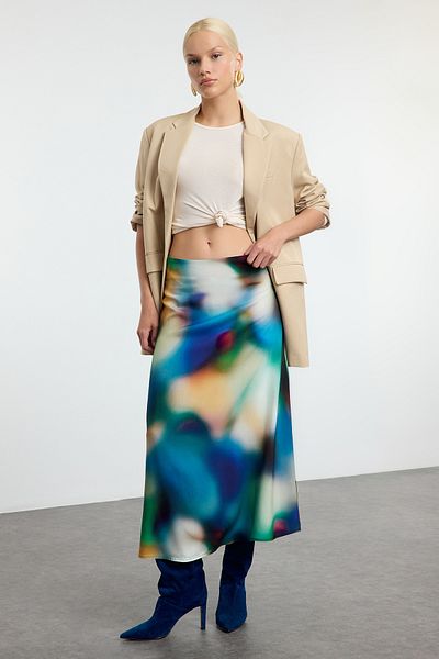 Trendyol Collection Viscose Fabric Midi Skirt - Multicolored and Patterned Twoss23Et00295