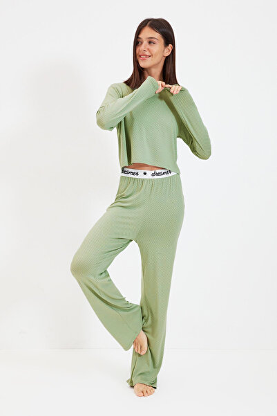 Trendyol Collection Mint Puntíková sada trička a kalhot ze 100% bavlny