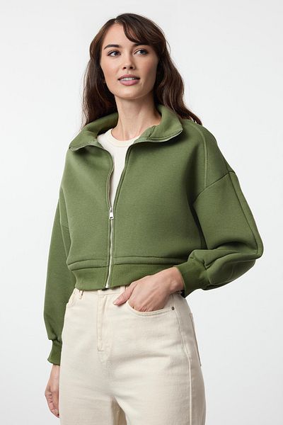 Trendyol Collection Khakifarbenes Strick-Sweatshirt – Reißverschluss, dicke Innenseite, Fleece, normale Passform Twoaw25sw00082