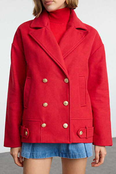 Trendyol Collection Puha textúrájú piros rövid kabát - gombos részlet, TWOAW25KB00091
