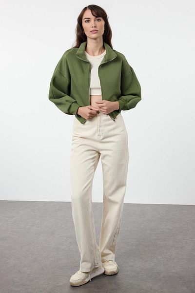 Trendyol Collection Khakifarbenes Strick-Sweatshirt – Reißverschluss, dicke Innenseite, Fleece, normale Passform Twoaw25sw00082