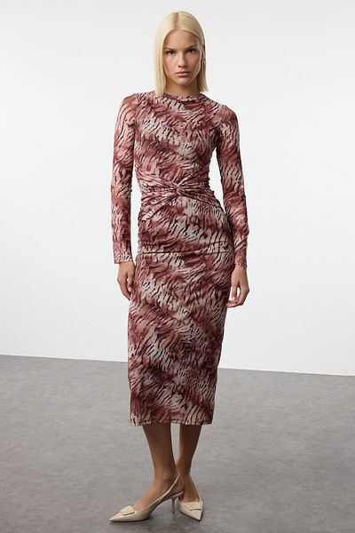 Trendyol Collection Multicolored Abstract Tie Detailed Maxi Knitted Dress Twoaw25El00401