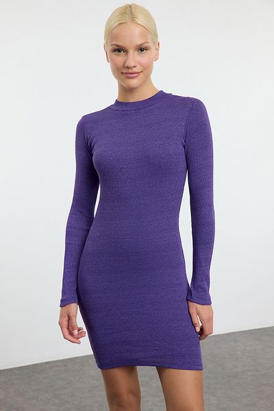 Trendyol Collection Rochie mini tricotată mov cu nervuri elastice - Gât pe jumătate TWOAW21EL2244