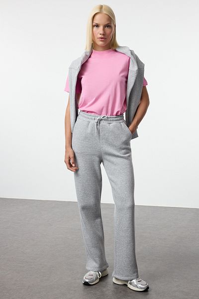 Trendyol Collection Γκρι μελανζ ίσιο/ίσιο φιόγκο με στάμπα πλεκτό παντελόνι TWOAW25EA00044