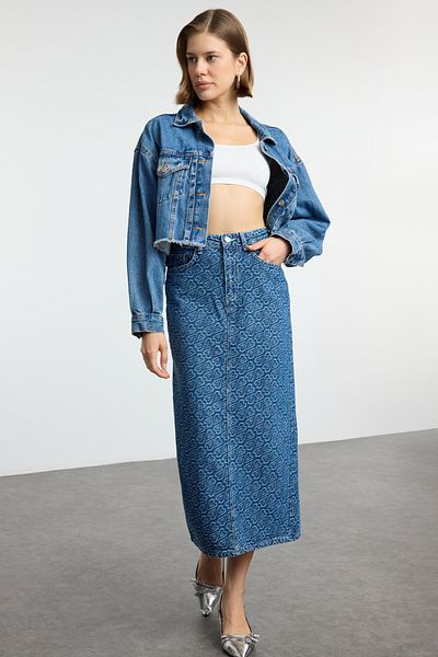 Trendyol Collection Fusta Midi Denim cu Motiv Jacquard Inimă Albastră TWOAW25ET00128