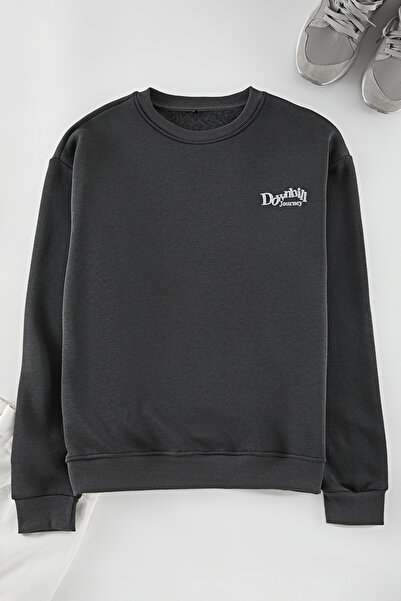 Trendyol Collection Anthracite Oversize/Wide Cut Μπροστινό Κέντημα Πίσω Φούτερ με στάμπα με Fleece εσωτερικά TMNAW25SW00014