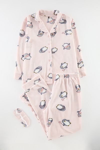 Trendyol Curve Penguin Patterned Shirt Collar Knitted Pajamas Set - Tbbaw24ai00025