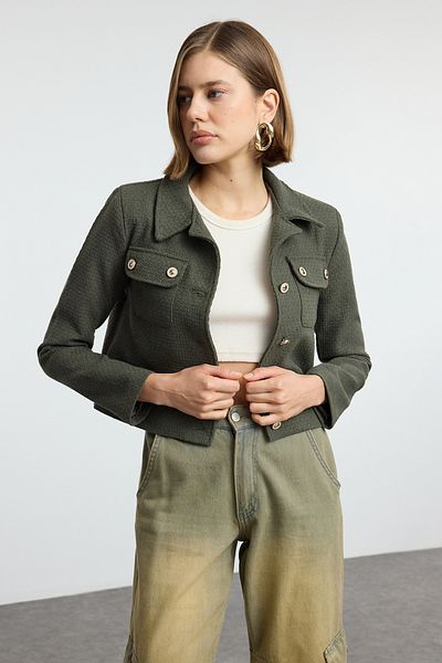 Trendyol Collection Világos Khaki Crop szőtt blézerkabát TWOAW23CE00252