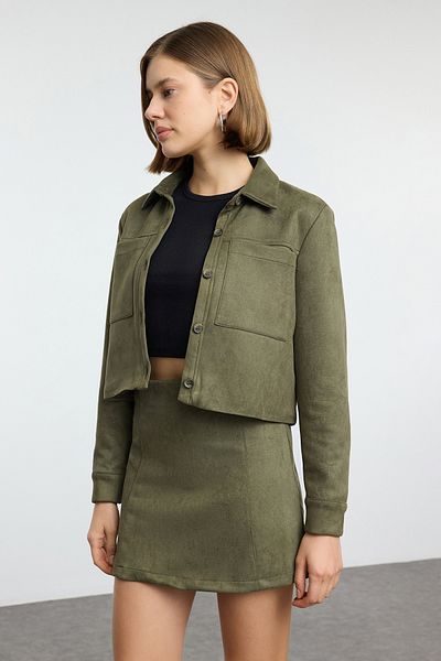 Trendyol Collection Khaki Pocket Detailed Suede Fabric Crop Woven Regular Regular Fit Jacket Twoaw25Ce00077
