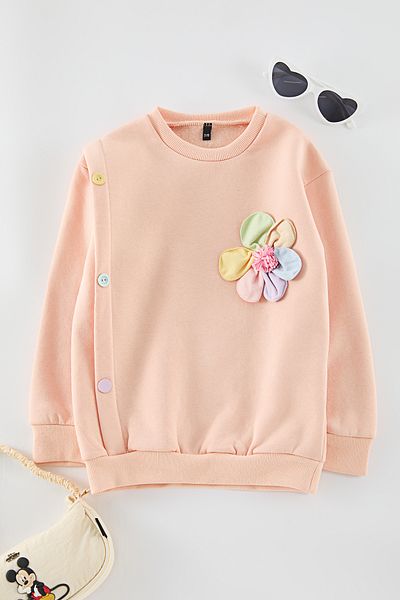 TRENDYOLKIDS Hellorangefarbenes Mädchen-Strick-Sweatshirt mit Blumenmuster TKDAW25SW00020