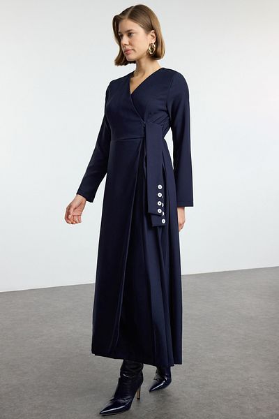 Trendyol Modest Sötétkék duplasoros galléros oldalsó nyakkendő részlet szőtt ruha TCTAW25EB00112