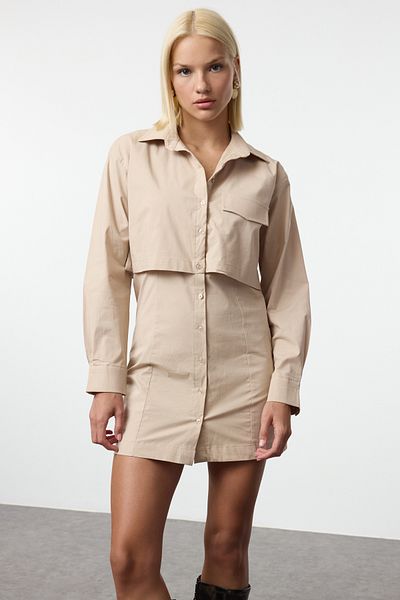 Trendyol Collection Μίνι φόρεμα Camel σε γραμμή Α - Λεπτομέρεια τσέπης, υφαντό, TWOAW25EL00495