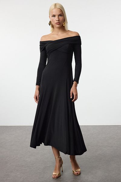 Trendyol Collection Μαύρο πλεκτό βραδινό φόρεμα σε γραμμή Α Νυχτερινό φόρεμα επιστροφής στο σπίτι TPRAW25EL00100