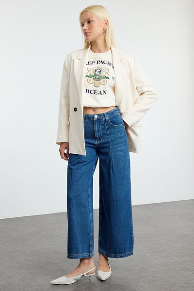 Trendyol Collection Blugi albaștri plisați cu talie înaltă cu picioare late TWOAW25JE00350