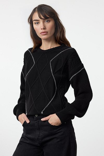 Trendyol Collection Pulover negru din tricotaje cu gât crew - Potrivire largă, cu detaliu tricotat TWOAW25KZ00322