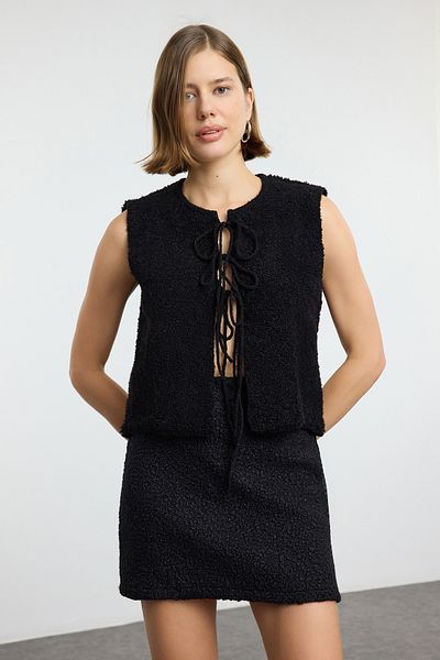 Trendyol Collection Black Soft Textured Ribbon/Bow Detailed Vest Twoaw25Ye00097
