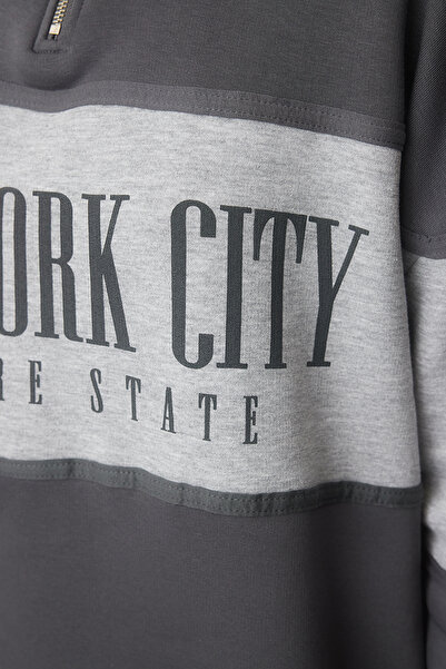 Trendyol Collection Fleecová antracitová pletená mikina - tlustá uvnitř, potištěná TWOAW23SW00117