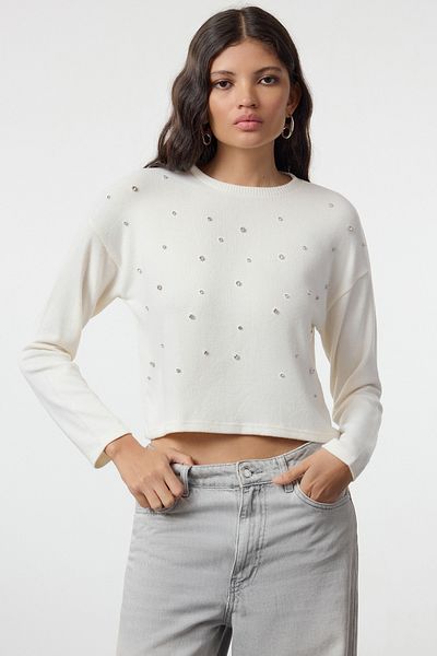 Trendyol Collection Flexibilní pletená halenka - White Soft Stone Detailed Twoaw25bz00284