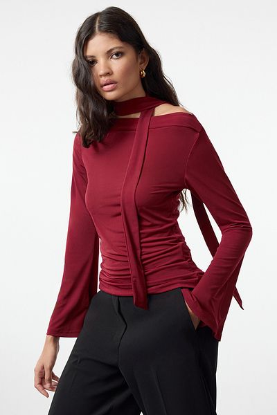 Trendyol Collection Bluză tricotată roșu Claret elastic - Detaliu șal, potrivire pe corp TWOAW25BZ00107