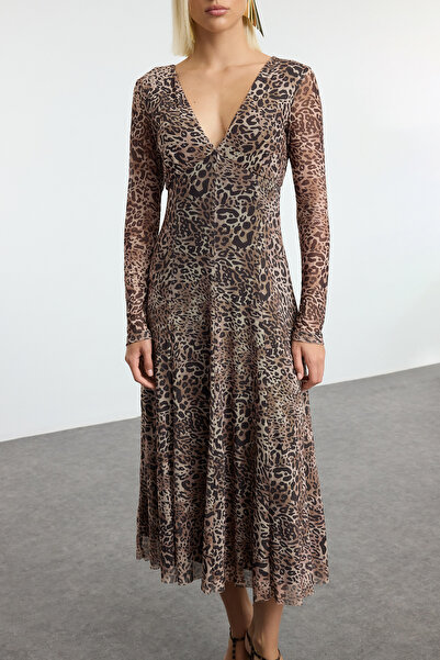 Trendyol Collection Twoaw25El00447 Καφέ Μίντι Πλεκτό Φόρεμα A-Line - Animal Pattern