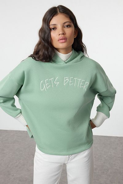 Trendyol Collection Fleecová pletenina Pletená mikina s páskem Mint s kapucí - Twoaw22sw1806