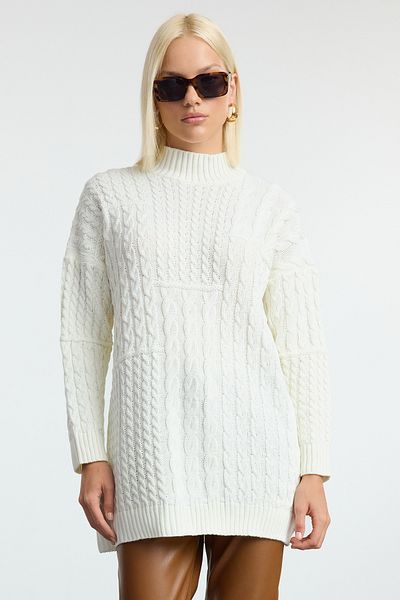 Trendyol Modest Ecru rovné vlasy pletený stojáček s límcem pletený svetr Tctaw25Ak00065