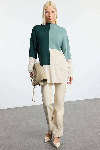 Trendyol Modest Zöld színű blokk állógalléros kötöttáru pulóver TCTAW22AK0054