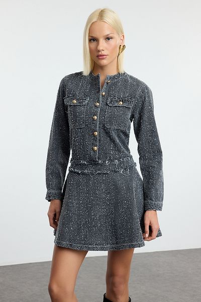 Trendyol Collection Gray Textured Skirt Flounces Mini Denim Dress Twoaw25El00515