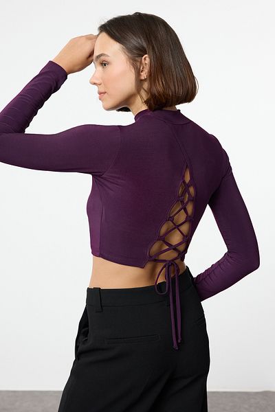 Trendyol Collection Flexible Knitted Crop Blouse - Stand Collar and Back Low Cut, Body Fitting Plum Twoaw24bz00250