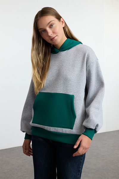 Trendyol Collection Oversize šedá Melange Blocked Fleece pletená mikina - silná vnitřní TWOAW25sw00099