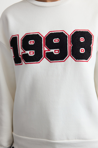 Trendyol Collection Ecru FleeceSlogan Vyšívaná tlustá vnitřní mikina-RegularCut Twoaw25sw00012