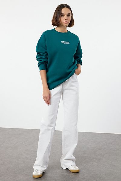 Trendyol Collection Πλεκτό μπλουζάκι πετρελαίου μεγάλου μεγέθους - Χοντρό και φλις, εμπρός και πίσω τυπωμένο Twoaw25sw00193