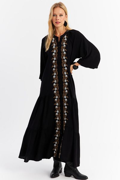 Cool & Sexy Black Embroidered Flounce Detailed Maxi Women's Dress - Alo8