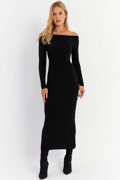 Cool & Sexy Černé Maxi vánoční šaty - Lodní výstřih Hor03