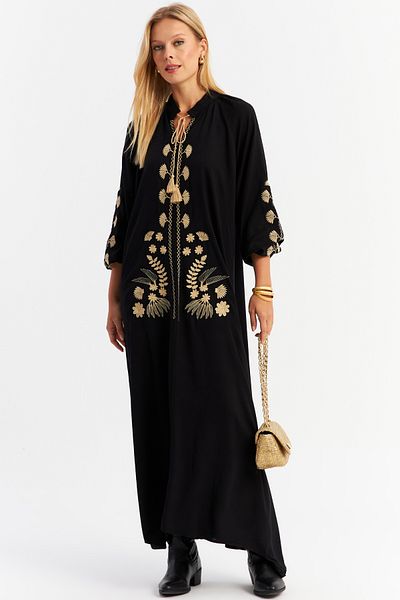 Cool & Sexy Black Embroidered Maxi Cord Detailed Women's Dress Alo3