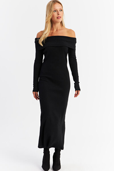 Cool & Sexy Kadın Siyah Madonna Yaka Kaşkorse Maxi Elbise HOL1