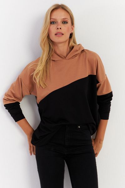 Cool & Sexy Dámská mikina s kapucí Camel-Black Color Blocked - Da148