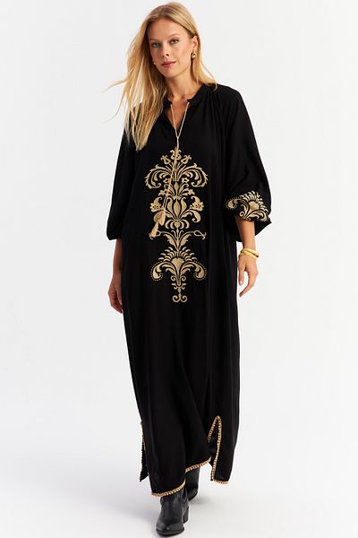Cool & Sexy Black Embroidered Maxi Cord Detailed Women's Dress Alo4